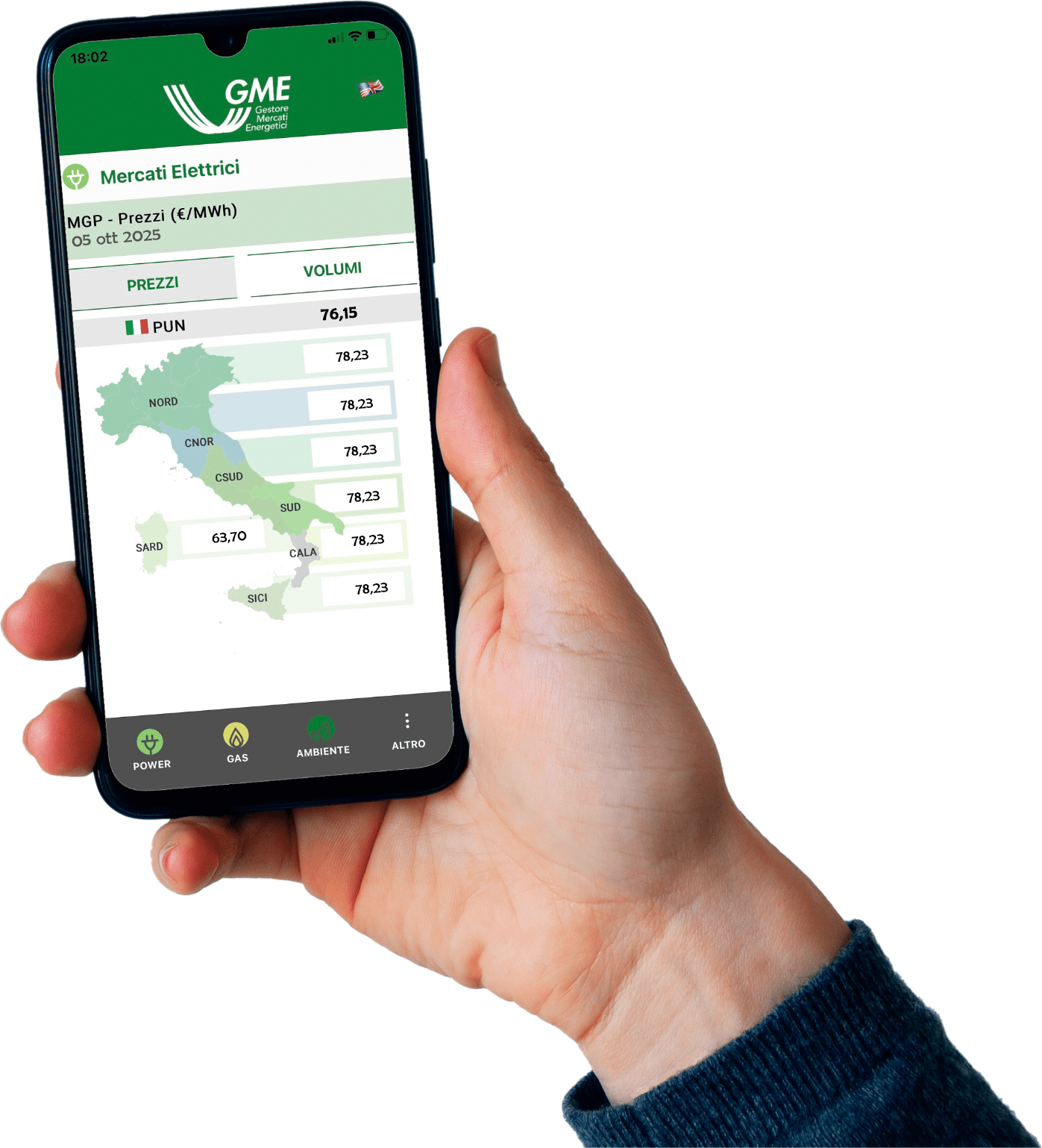 Telefono acceso in cui è visualizzata la pagina dei Mercati Elettrici di GME