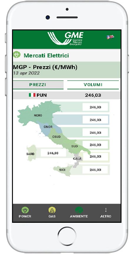 Screen of a smartphone showing the GME app in the electricity markets section with a map of Italy